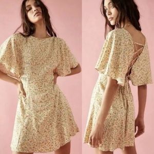 Free People Florence Floral Smocked Lace Up Ivory Mini Dress Small  $128 MSRP